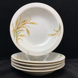 Vintage Set of 5, Puritan China Wheat Pattern Rimmed Soup Bowls with Gold Trim
